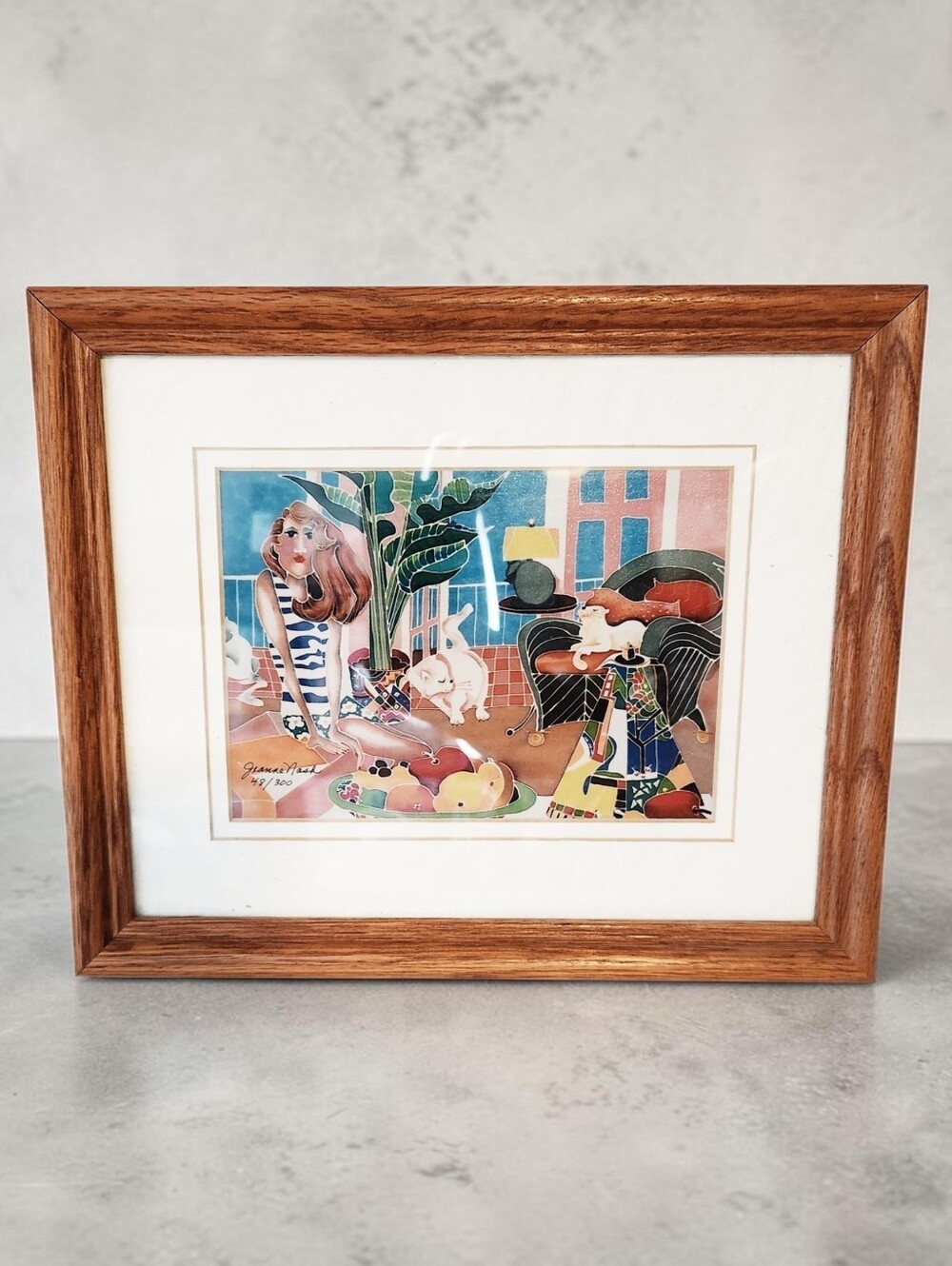 Signed Jeanne Nash Limited Edition Art Print 48/300 Woman White Cats Fruit Plant